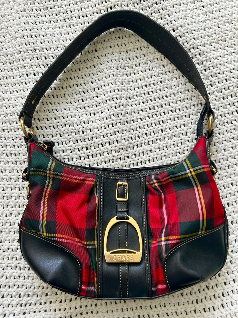Chaps Vintage Red Black Plaid Shoulder Bag With Gold-tone Equestrian Buckle